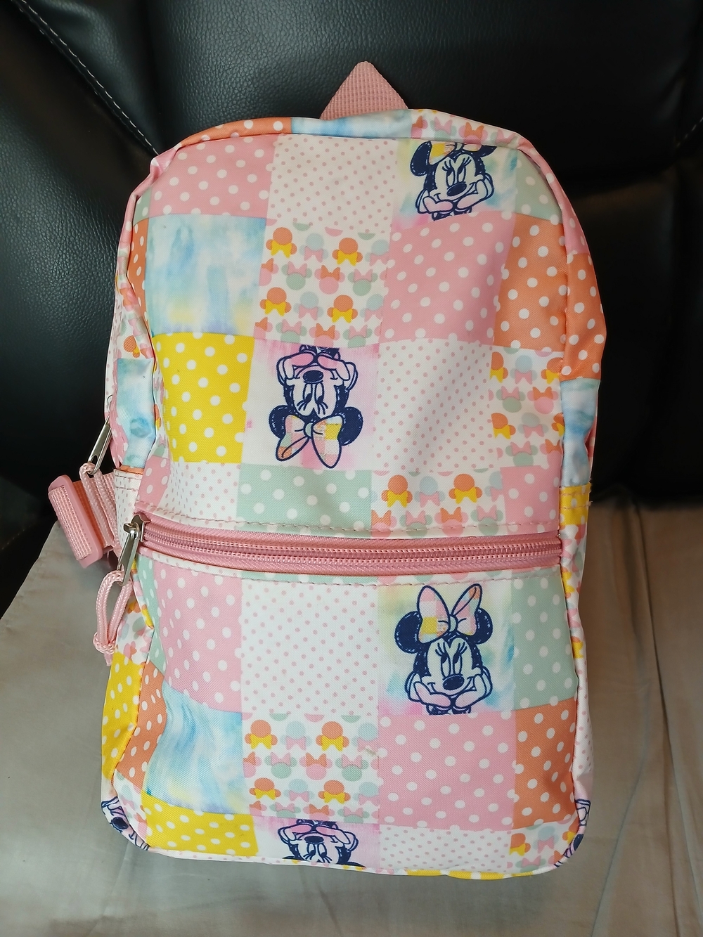 Disney Kids Patchwork Minnie Print Backpack in Pink, Yellow, Blue